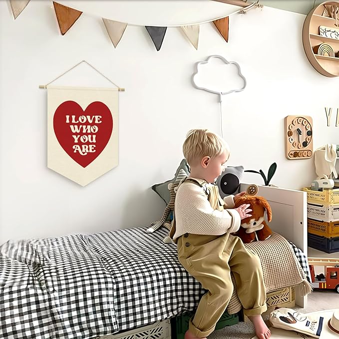 I Love Who You Are Wall Hanging Pennant Flag Banner, Red Heart Decor, Trendy Gift for Nursery Baby Kids Girl Boy Teen Bedroom Playroom Front Door
