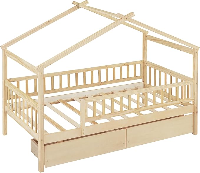 Aoowow Twin Size House Bed with Storage Drawers,Kids Wooden Bed Frame Twin House Bed with Slats and Fence for Boys Girls Teens for Bedroom(Natural)
