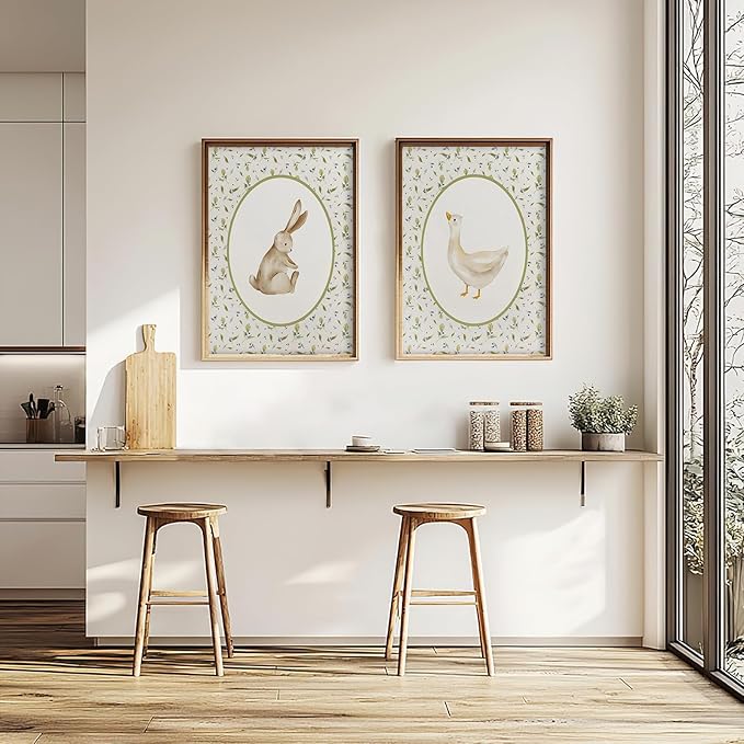 Vintage Nursery Wall Art Kid's Room Wall Decor Animal Picture Farmhouse Poster Baby Room Poster Cute Goose and Bunny Picture Set Of 2 Rabbit Duck Prints 12x16 Inch UnFramed for BedRoom Children's Room