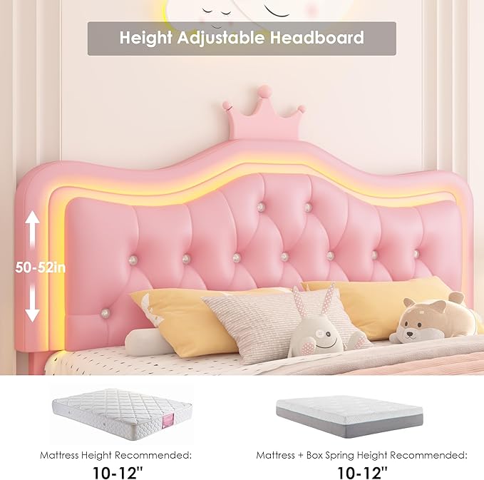 Keyluv Queen Upholstered LED Bed Frame with Storage Drawer, Leather Princess Platform Bed with Adjustable Crystal Button Tufted Crown Headboard, Solid Wooden Slats Support, No Box Spring Needed, Pink
