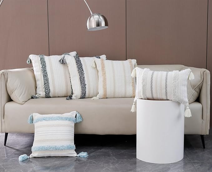 blue page Boho Tufted Throw Pillow Cover 24x24, Neutral Woven Decorative Square Pillow Case for Couch or Bed, Modern Farmhouse Accent, Yellowy Cream
