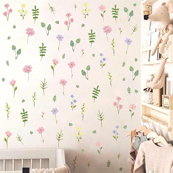 Flower Floral Wall Decal Small Colorful Flower Wall Stickers Flowers Leaves Decals Wildflower Floral Leaf Sticker Cute Flower Leaf Decal for Nursery Girls Room Bedroom Decor