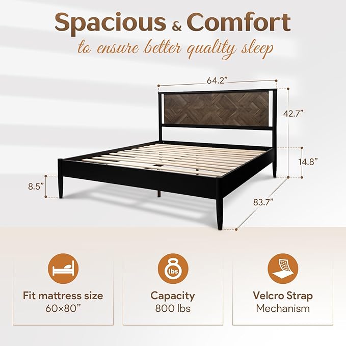 Lenia 14 Inch Solid Wood Bed Frame with Headboard, Rustic Farmhouse King Platform Bed, Acacia Wood, No Box Spring Needed, Mocha Black, Queen Size (Lenia Collection)