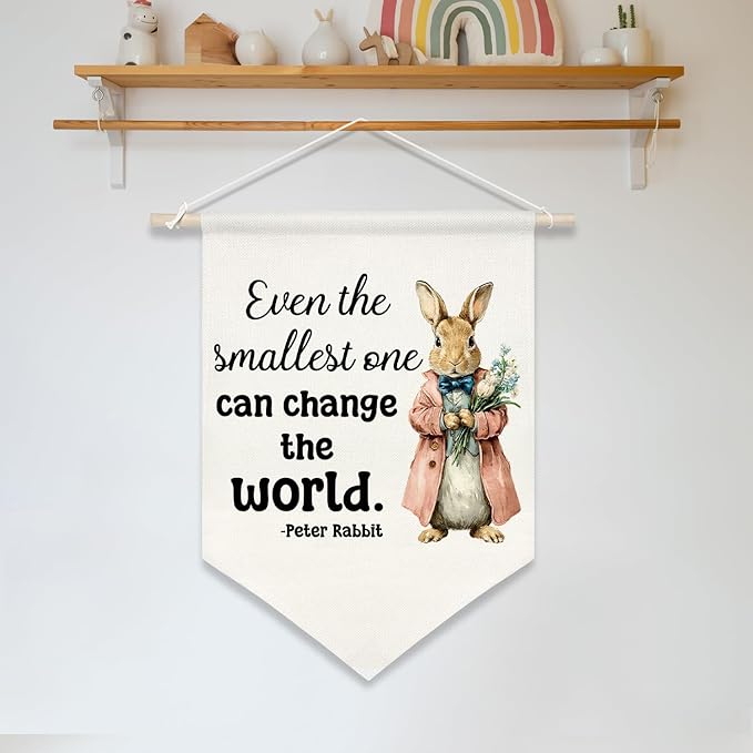 Retro Rabbit Wall Hanging Banner-Even the Smallest One Can Change the World- Canvas Poster,Inspirational Decor for Kids Room,Nursery, Newborn Gift from Parents or Grandparents(KD31)