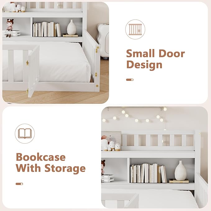 mikibama Full Size Floor Bed with Side Bookcase and Shelves, Montessori Floor Bed with Guardrails for Bedroom, Wood Full Floor Bed Frame with Storage for Girls, Boys, White