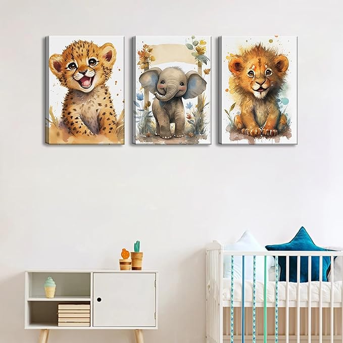 HKMXCD 3Pcs Baby Safari Animal Canvas Wall Art Jungle Watercolor Animal Wall Decor Picture Lovely Painting Artwork Kids Room Prints for Boy Girl Room Home decoration 16x24in