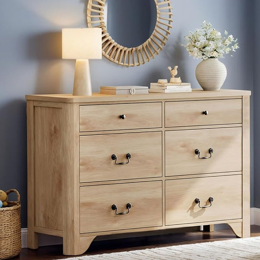 WAMPAT 6 Drawers Dresser for Bedroom, 47.2“ Wide Kids Dresser for Boys and Girls with Large Drawers for Bedroom, Living Room, Hallway, Oak