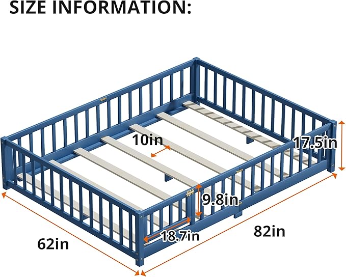 i-POOK Queen Floor Bed Frame with Wood Slats, High Fence & Small Door, Pinewood Montessori Floor Bed for Girls and Boys, Mist Blue