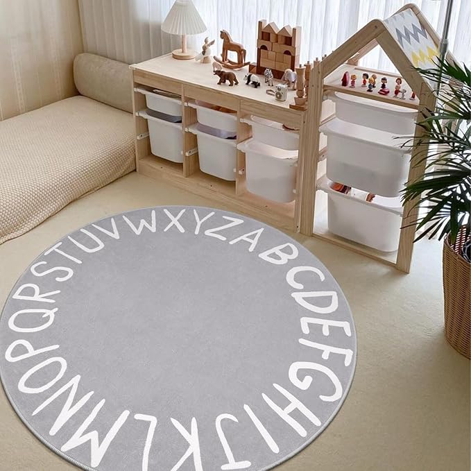 LIVEBOX ABC Play Room Round Kids Rug for Boy and Girl, Circle Washable Area Rug Non-Slip Crawling Play Mat for Playroom, Alphabet Nursery Area Rug Circular Learning Carpet for Bedroom (47",Grey)