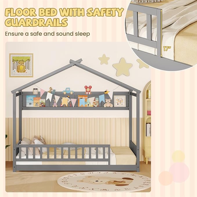 Giantex Twin Floor Bed with Storage Shelf, Wooden Bed Frames with Headboard & Guardrail, Montessori Floor Bed with Wooden Slat Support for Kids, Grey
