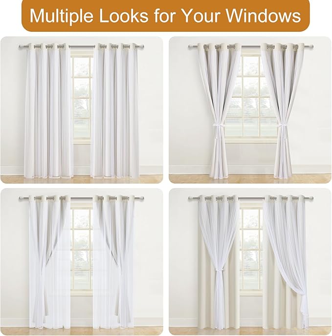 DWCN Blackout and Sheer Curtains with Tiebacks Layered Curtains for Living Room Grommet Top Window Curtain Panels with Sheer Overlay, 52 W by 96 L, Ivory, 2 Pieces