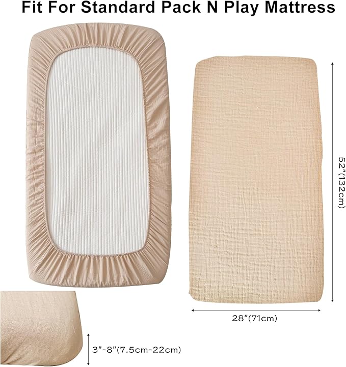 BuLuTu Muslin Mini Crib Sheets 38"x26", 2 Pack, Soft Breathable 2-Layers Gauze Cotton Baby Crib Mattress Sheets, Pack and Play Mattress Sheets Fitted for Pack N Play, Beige & Pink