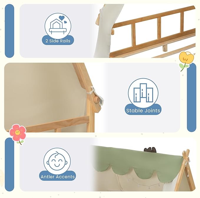 Full Size Floor Bed with Tent and Light, Wooden Montessori Bed Frame with Roof Design, Low Profile Beds for Kids, Boys and Girls, White