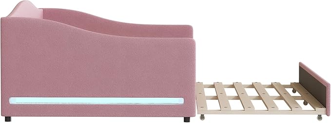 Merax Full Size Upholstered Daybed with Light and Trundle, Pink Teddy Fleece Sofa Bed Modern Wooden Platform Bed Frame for Bedroom, Living Room, Guest Room, Apartment