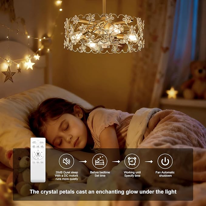 20" Gold Caged Ceiling Fan with Light and Remote Control Flower Crystal Chandelier Ceiling Fan Boho Fandelier for Girl's Bedroom，Nursery，Living Room（Enclosed 6 Speeds Height Adjustment）