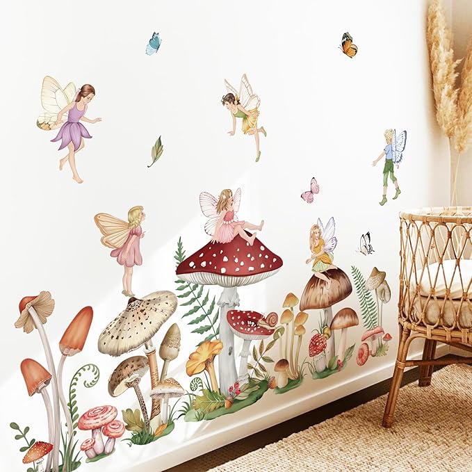 wondever Woodland Mushroom Wall Decals Fairy Butterfly Forest Peel and Stick Wall Art Stickers for Girls Bedroom Baby Nursery Living Room