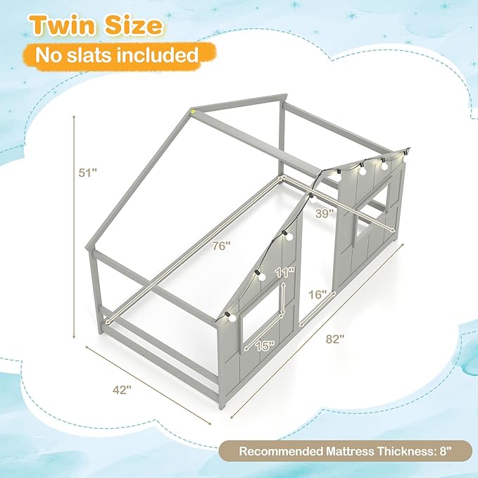 Twin Montessori Floor Bed with Roof, LED Light, Wood House Bed Frame with Headboard and 2 Windows, Low to Ground Cute Playhouse Bed for Kids, Girls, Boys, Without Slats (Grey)