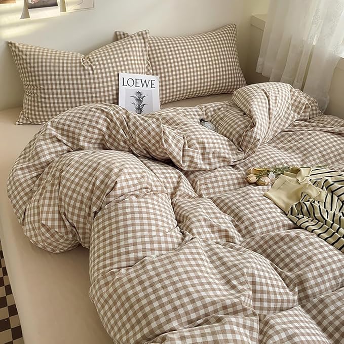 Nayoroom Brown Gingham Comforter Set Full Size Tan Plaid Checkered Comforter 3 Pieces Soft Lightweight Grid Farmhouse Dorm Bedding Set for All Seasons