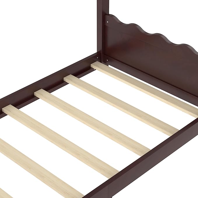 Twin Size Wooden House Floor Bed - Kids Bed Frame with Roof & Support Slats for Bedroom, No Box Spring Needed, Easy Assembly (Espresso)