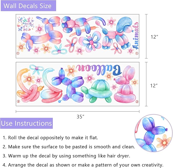Yovkky Balloon Animals Wall Decals Stickers, Gradient Pastel Dog Rabbit Snake Turtle Toddler Baby Nursery Decor, Cute Butterfly Flowers Home Decorations Kids Bedroom Playroom Party Art