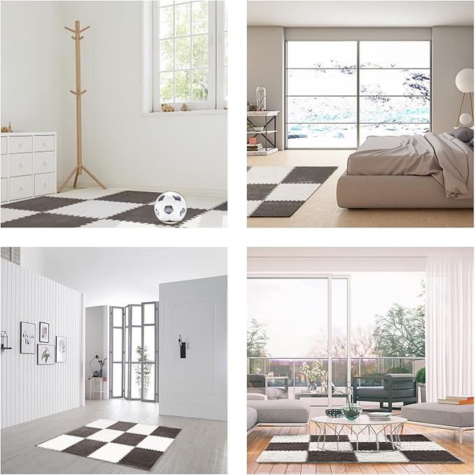 12 pcs Plush Puzzle Foam Floor Mat for Kids- Thick Interlocking Fluffy Tiles with Border Square Rug Split Joint Soft Climbing Carpet Mats Shaggy Area Rug for Room Floor(11.8'', White & Gray)