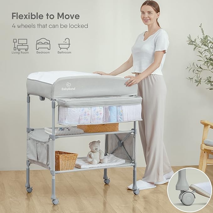 Portable Baby Changing Table, BabyBond Foldable Changing Table Dresser Waterproof Diaper Changing Table Height Adjustable Changing Station for Infant and Newborn(Beige)