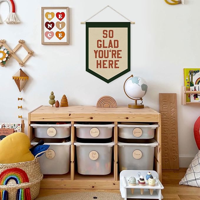 Vintage Classroom Welcome Sign Decor,So Glad You're Here Linen Canvas Banner, Therapy Office Wall Door Hanging Pennant Flag Banner for Classroom Preschool Decor, Teacher Gifts, 15x11