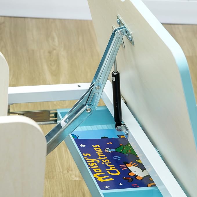 Qaba Wooden Kids Study Desk, Height Adjustable Children School Study Table, Student Writing Desk with Tilt Desktop, Drawer, Storage Shelf, Pen Holder, Blue
