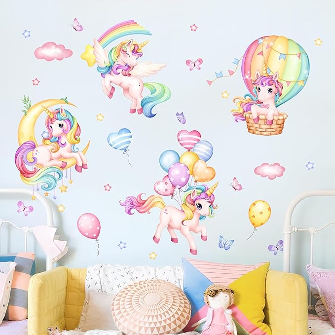 Unicorn Rainbow Wall Decals Hot Air Balloon Moon Clouds Stars Wall Stickers Baby Nursery Girls Bedroom Kids Room Wall Decor