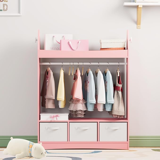 Kids Dress Up Storage Rack Mirror Wood Child Wardrobe 2 Hooks 2 Fabric Bins Toddler Closet Girls Boys Open Hanging Armoire Storage Shelf Coat Costume Hat Shoe (Pink/Rocket/Three Drawers)