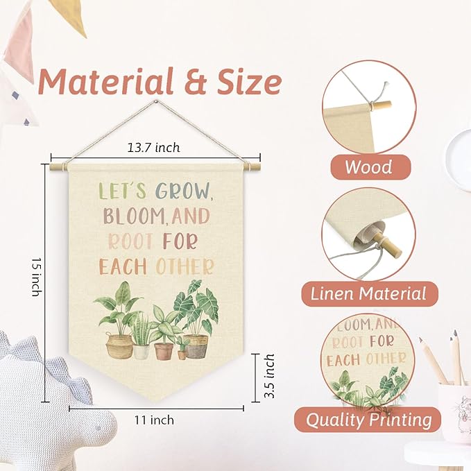 Greenery Plant Classroom Decor, Let's Root for Each Other Linen Canvas Banner for Classroom Door Playroom Homeschool,Neutral Cozy Inspirational Plants Wall Hanging Pennant Banner, 15x11in