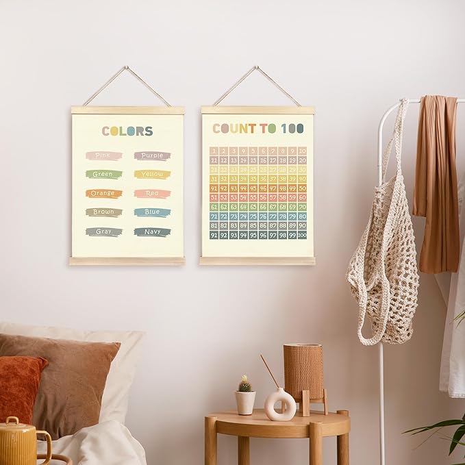 CGBHW Boho Educational Poster Hanger Frame Set of 2, Color Count to 100 Number Learning Posters Wall Art Hanging Decor for Classroom Nursery Kids Room Playroom Preschool，12x16Inch