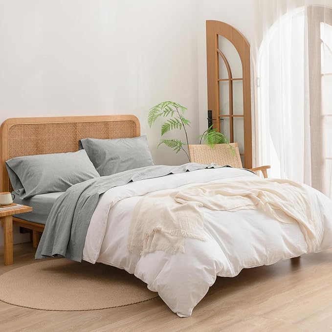 BESTOUCH Sheet Set 100% Washed Cotton Linen Feel Super Soft Comfortable Chic Lightweight 4 Pcs Home Bedding Set Solid Light Grey King