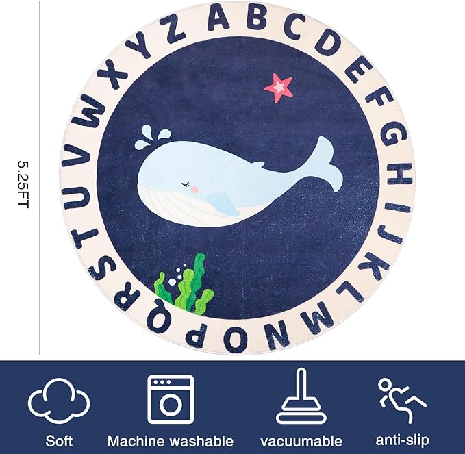 Round Kids Rug for Playroom,5.2ft ABC Alphabet Whale Kid Rug,Non-Slip Kids Rug Play Mat,Washable Educational Classroom Rug Kids Area Carpet for Kids Room Bedroom Nursery Playroom Decor