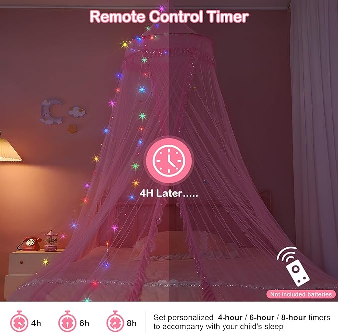 Beinou Bed Canopy for Girls with Timer Remote Canopy Bed with Lights Breathable Net Canopy for Bed Kids Girls Room Decor,Pink