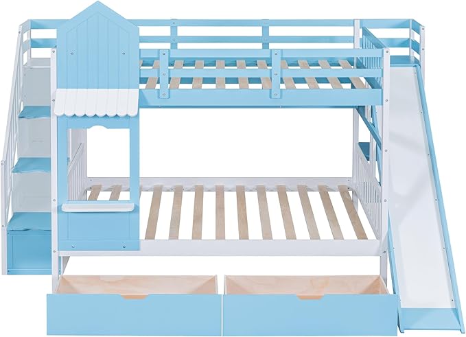 Full-Over-Full Castle Style Bunk Bed with 2 Drawers and 3 Shelves, Wood Bunk Bed Frame with Slide and Storage Staircase for Kids Teens Boys Girls Bedroom