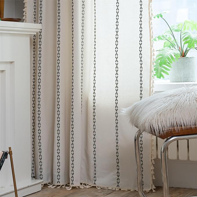 Deeprove Light Gray Boho Curtains 63 inches Length for Kitchen, Vintage Bohemian Embroidery Farmhouse Cotton Linen Striped French Country Tassel Window Treatments Decor, W52 x L63, 1 Panel