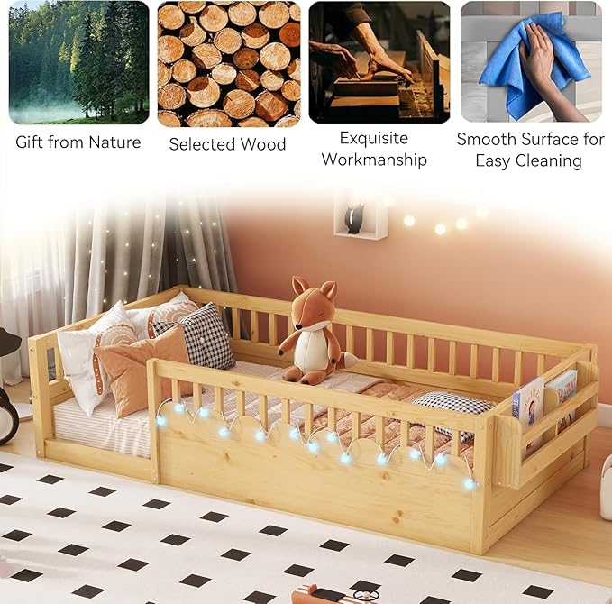 Twin Toddler Floor Bed with High Rails, Kids Montessori Bed Frame with Light and Storage Shelf, Wooden Twin Size Bed Frame for Girls and Boys, Natural