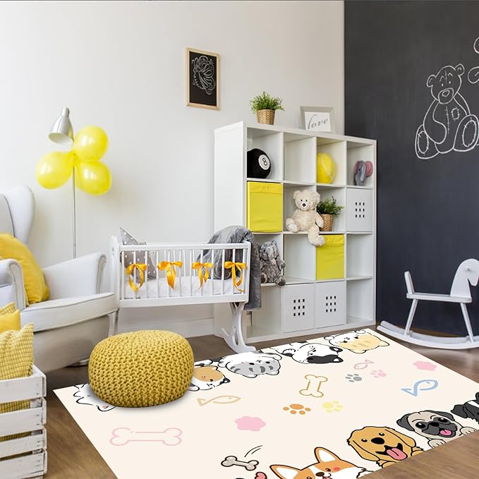 Washable Cute Rugs for Living Room Bedroom Kids Room Decor, 63"x 31.5" Soft Dog Kitty Pattern Carpet Rugs Toddler Nursery Floor Playmat Non-Shedding, Teen Girls Boys Bedside Rug Neutral