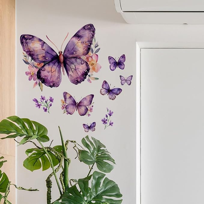 Purple Butterflies Wall Stickers Pink Flower Wall Decals, Removable Peel and Stick Wall Art Murals for Girls & Boys Bedroom,Nursery Bathroom Playroom Living Room