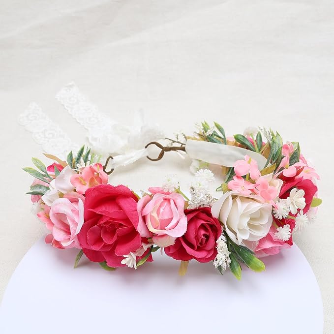 Flower Crown for Girls Children Floral Headpiece Pink Kids Headband Wedding Holo Hair Accessories Birthday Photo Prop (Fuchsia)