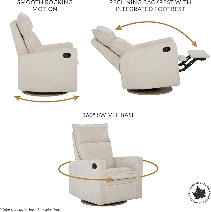 Jaymar Arya Modern Nursery Glider Recliner Chair – Cozy Nursing Chair with 360° Swivel for New Parents, Gentle Motion, Compact Design, High Back & Low Armrests, Canadian Made (Dove Grey/Como Fabric)