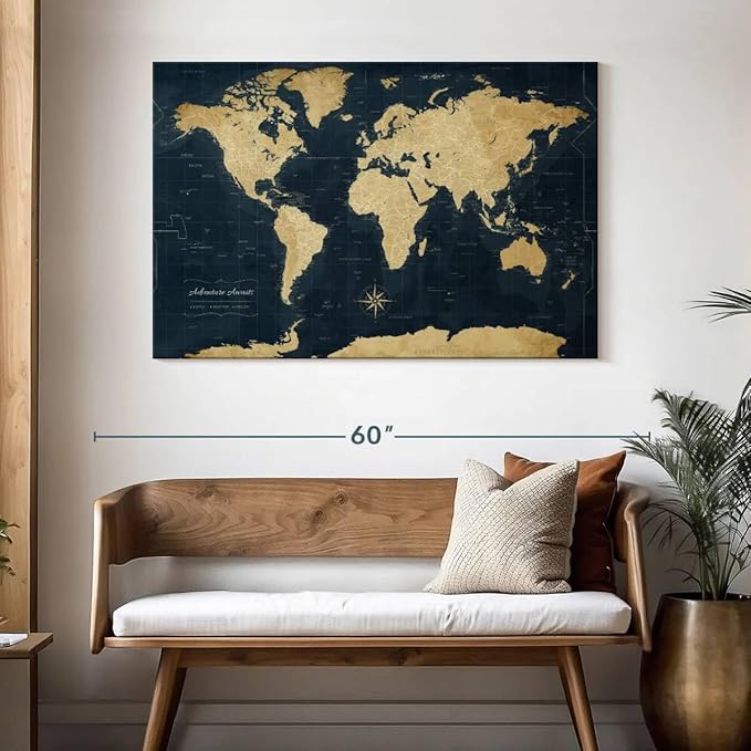 ElephantStock - Adventure Awaits World Map With Push Pins Wall Art - Horizontal Canvas Wall Art - Living Room Wall Decor - Digital Art Map Canvas Art - Gold And Blue Decor - 48" x 32"
