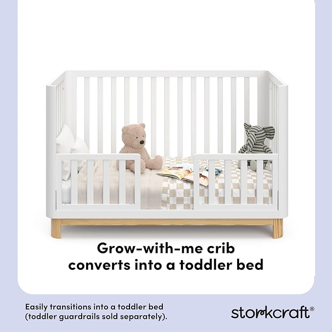 Storkcraft Santos 3-in-1 Convertible Crib (White with Natural) – GREENGUARD Gold Certified, Fits Standard Crib Mattress, Converts to Toddler Bed, Modern Style, Rounded Designer Details