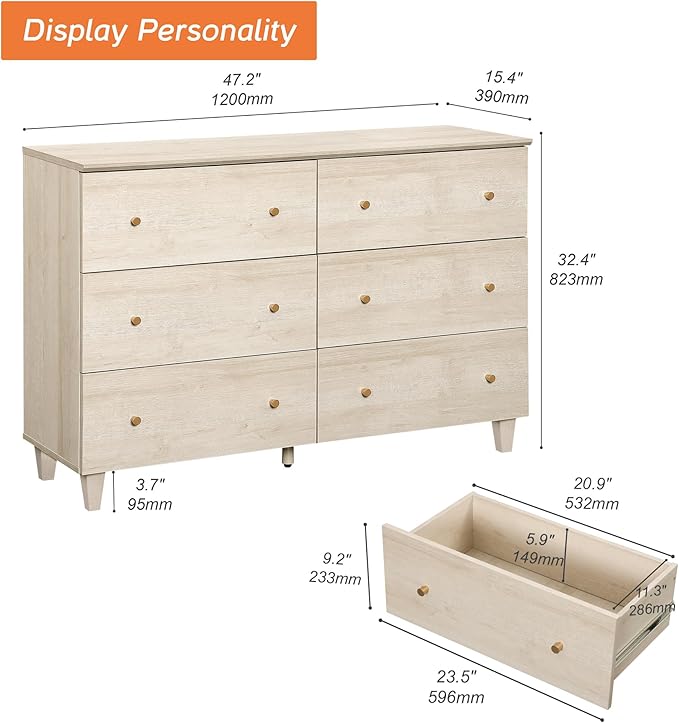 WAMPAT Dresser with 6 Drawers for Bedroom, Wooden Kids Dressers with Wide Chest of Drawers, Modern Closet Storage Organizer with Solid Wood Legs for Living Room, Hallway, Nursery, Light Oak