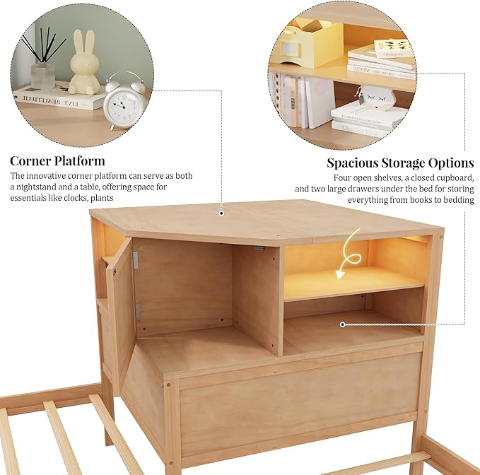 Harper & Bright Designs L-Shaped Corner Bed with Trundle, Wooden Double Twin Bed Frame for Kids, 3-in-1 Low Platform Bed with Built-in Nightstand and LED Light