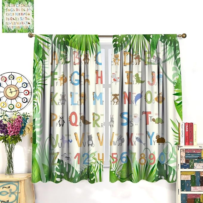 Kids Animal Alphabet Curtain Tropical Plant Alphabet Educational Printed Rod Pocket Blackout Window Drapes for Bedroom Living Room Nursery School 52" W X 84" L