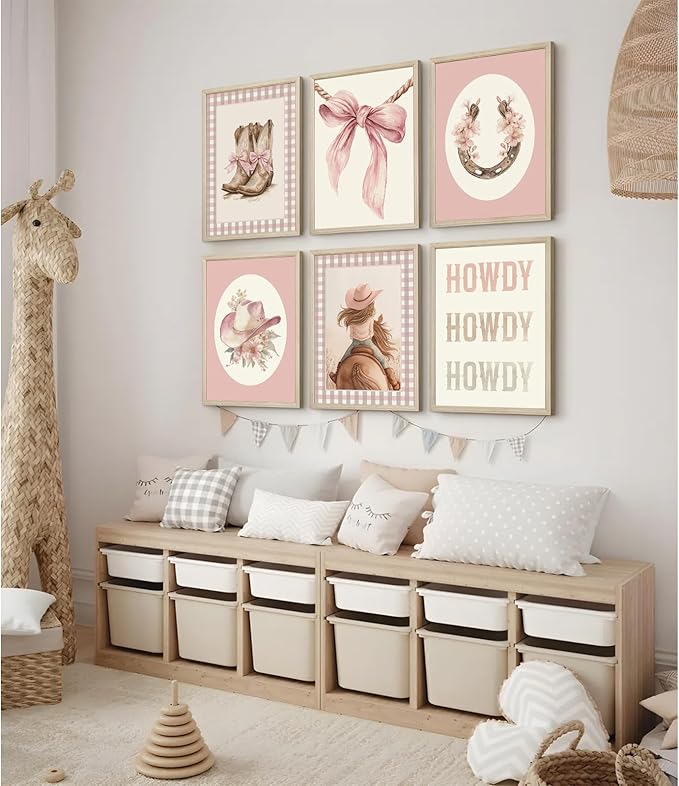 Western Cowgirl Nursery Wall Art Decor Vintage Girl Room Canvas Poster Pink Coquette Nursery Art Prints Preppy Aesthetic Pictures Bow Floral Boots Artwork for Girls Bedroom 8x10 Inch Framed 6Pcs