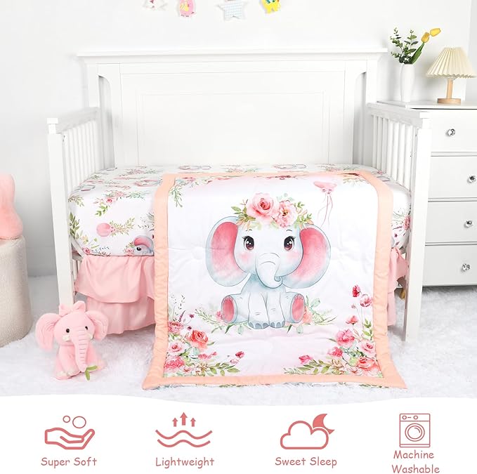 Baby Crib Bedding Set for Girls Boys, Soft Bedding Set with Comfort, Crib Skrit, Crib Sheet, Infant & Toddler Nursery Bed Set, Elephants