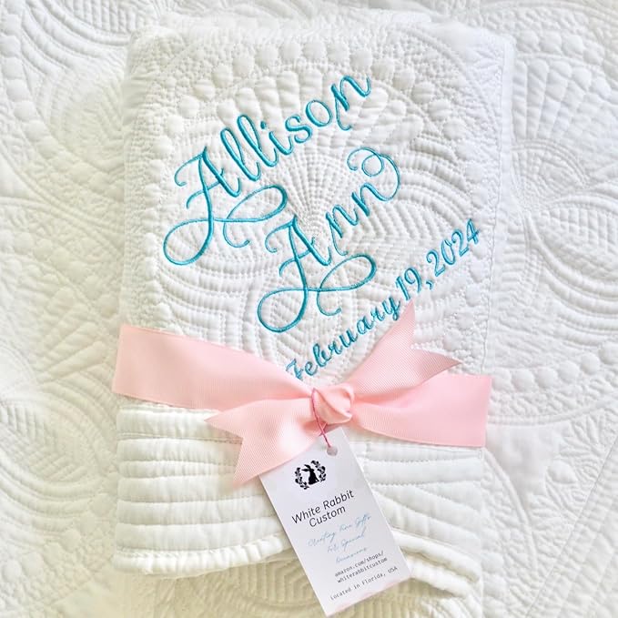 Personalized Baby Bed Blanket Quilt with Name Date Newborn Gift Girl Boy Crib Size White Custom Pink Blue White Embroidered Nursery